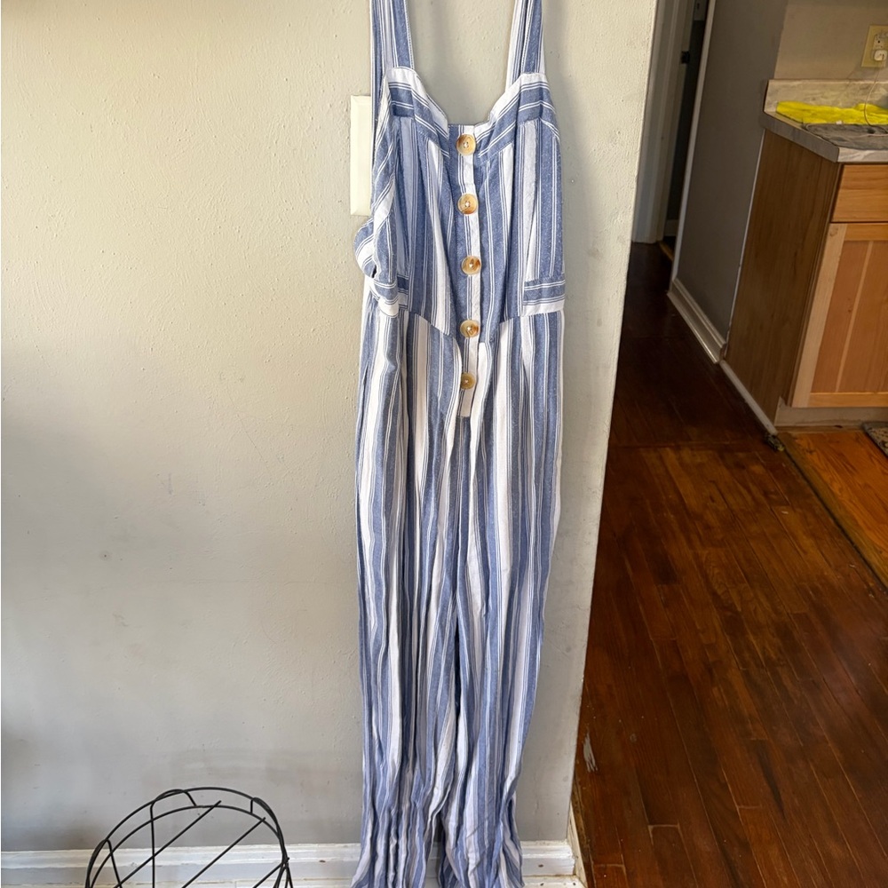 Blue and White Striped Jumpsuit with Button Details